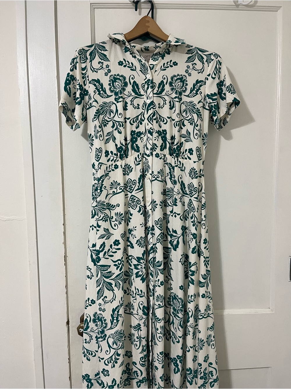 LOFT Cream Maxi Dress with Green Floral Print